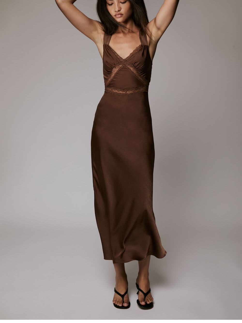 Bardot Chocolate Brown Lace-Trim Midi Slip Dress